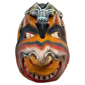Vintage Guatemalan Folk Art Hand Carved Painted Wood Animal Bird Mask Decor